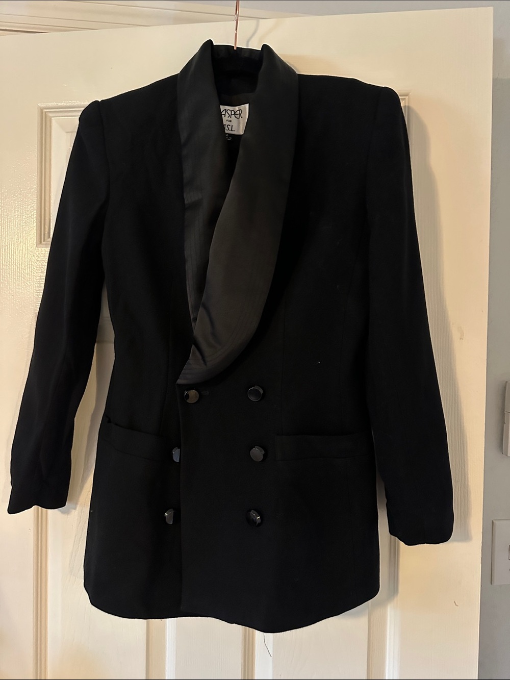 Vintage Kasper for ASL Black Double-Breasted Women's Blazer with Satin Lapel